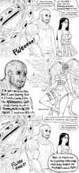 Rule 34 | 1boy, 2girls, absurdres, angel, angel girl, angel wings, angewomon, bb (baalbuddy), belt, biblically accurate angel, breasts, coomer (meme), digimon, elbow gloves, english text, facial hair, glasses, gloves, greyscale, heart, helmet, highres, large breasts, mask, meme, monochrome, multiple girls, original, revealing clothes, simple background, smile, stubble, thigh strap, white background, winged helmet, wings
