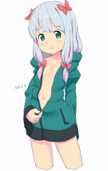 Rule 34 | 1girl, aqua jacket, arm behind back, bad id, bad pixiv id, blue eyes, blush, bow, breasts, center opening, closed mouth, collarbone, crop top, eromanga sensei, eyebrows, furrowed brow, hair bow, highres, izumi sagiri, jacket, legs apart, long hair, long sleeves, looking at viewer, navel, nyonn24, open clothes, open jacket, pink bow, silver hair, simple background, small breasts, solo, standing, stomach, track jacket, white background, zipper pull tab, zipping