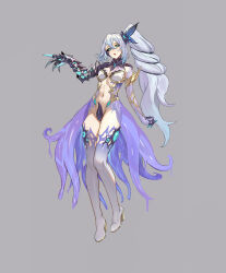 Rule 34 | 1girl, absurdres, armor, black sclera, blue eyes, boots, colored sclera, commission, corruption, full body, grey background, grey hair, high heels, highres, living clothes, long hair, looking at viewer, magical girl, mismatched sclera, navel, original, ponytail, shen hai ichigo, solo, standing, tachi-e, tentacle clothes, tentacles, thigh boots, very long hair
