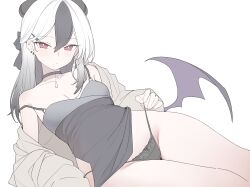Rule 34 | 1girl, absurdres, bare shoulders, black choker, black dress, black hair, black horns, black panties, black wings, blue archive, blush, breasts, choker, closed mouth, demon girl, demon horns, demon wings, dress, ear piercing, grey hair, grey jacket, hair between eyes, highres, horns, jacket, kayoko (blue archive), kayoko (dress) (blue archive), long hair, long sleeves, looking at viewer, lying, mole, mole on collarbone, mole on neck, no halo, off shoulder, official alternate costume, open clothes, panties, panty pull, piercing, pulled by self, rong hui, simple background, single wing, sitting, small breasts, solo, strap slip, string panties, thighs, underwear, white background, white hair, wings