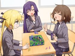 Rule 34 | 3girls, :d, black necktie, black ribbon, black skirt, blazer, blonde hair, blush, board game, brown hair, chair, classroom, clenched teeth, closed eyes, collared shirt, commentary request, desk, finger counting, goshiki agiri, grey jacket, hair ribbon, hand up, highres, holding, index finger raised, indoors, jacket, kill me baby, long hair, long sleeves, looking at another, multiple girls, necktie, on chair, open mouth, oribe yasuna, playing games, pleated skirt, purple hair, ribbon, school chair, school desk, school uniform, shirt, short hair, sitting, skirt, smile, sonya (kill me baby), sweatdrop, teeth, tile floor, tiles, twintails, white shirt, window, yachima tana