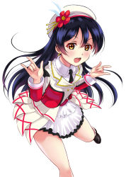 Rule 34 | 1girl, \m/, beret, blue hair, double \m/, earrings, flower, hat, jewelry, long hair, long sleeves, love live!, love live! school idol project, necktie, open mouth, red flower, simple background, solo, sonoda umi, sore wa bokutachi no kiseki, swept bangs, white background, yellow eyes