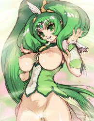 Rule 34 | 10s, 1girl, big hair, bottomless, breastless clothes, breasts, censored, convenient censoring, cure march, diadem, dress, green dress, green eyes, green hair, green skirt, green theme, hisahiko, large breasts, long hair, magical girl, matching hair/eyes, midorikawa nao, nipples, open mouth, ponytail, precure, ruffling hair, shiny skin, skirt, smile precure!, solo, tri tails, very long hair