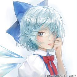 Rule 34 | 1girl, blue bow, blue dress, blue eyes, blue hair, blush, bow, bowtie, cirno, commentary request, dress, gradient background, grey background, hair bow, hair over one eye, hand up, ice, ice wings, looking at viewer, matsuda (matsukichi), pinafore dress, pink lips, red bow, red bowtie, shirt, short hair, sleeveless, sleeveless dress, solo, touhou, touhou cannonball, upper body, white background, white shirt, wings