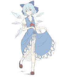 Rule 34 | 1girl, aged up, blue eyes, blue hair, cirno, clothes lift, cosplay, dress, dress lift, highres, ice, ice wings, kamishirasawa keine, kamishirasawa keine (cosplay), kawashina (momen silicon), matching hair/eyes, simple background, solo, touhou, white background, wings