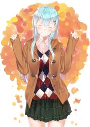 Rule 34 | 1girl, :d, ^ ^, alternate costume, aqua hair, argyle, argyle clothes, argyle sweater, blush, casual, closed eyes, coat, commentary request, cowboy shot, duffel coat, facing viewer, green skirt, hair ornament, hairclip, hands up, head tilt, highres, kantai collection, long hair, long sleeves, miniskirt, multicolored background, open clothes, open coat, open mouth, pink shirt, plaid, plaid skirt, pleated skirt, shirt, sidelocks, skirt, sleeves past wrists, smile, solo, standing, suzuya (kancolle), sweater, w arms, yukai nao