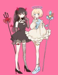 Rule 34 | 2girls, black choker, black dress, black footwear, black hair, blonde hair, bloomers, blue bow, blue eyes, blue footwear, bow, choker, clothing cutout, commentary, demon horns, dress, fishnet thighhighs, fishnets, frills, full body, gloves, grey gloves, halo, heart cutout, highres, horns, iida hato, long hair, multiple girls, original, pink background, red eyes, red horns, short hair, single thighhigh, staff, swept bangs, symbol-only commentary, thighhighs, two side up, underwear, white bloomers, white dress