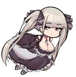 Rule 34 | 1girl, azur lane, black dress, black footwear, breasts, chibi, cleavage, dress, eyebrows, formidable (azur lane), frilled dress, frills, full body, grey hair, hair ornament, hair ribbon, high heels, jewelry, large breasts, long hair, looking at viewer, low twintails, ribbon, solo, sugoidere, transparent background, twintails, very long hair, white legwear