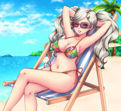 Rule 34 | 1girl, absurdres, beach, bikini, blonde hair, blue eyes, breasts, chair, cleavage, commission, commissioner upload, crossed legs, earrings, floral print, hair ornament, hairclip, highres, jewelry, large breasts, long hair, navel, one eye closed, persona, persona 5, side-tie bikini bottom, sitting, solo, sugarbell, sunglasses, swimsuit, takamaki anne, twintails, wink