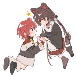 Rule 34 | 2girls, ange katrina, animal ears, apron, black dress, black jacket, blue eyes, blush, boots, brown footwear, brown hair, cat ears, chinese commentary, commentary request, dog girl, dog tail, dress, flower, hair flower, hair ornament, heterochromia, highres, holding hands, interlocked fingers, inui toko, jacket, lingyi, long sleeves, multiple girls, nijisanji, open mouth, red eyes, red flower, red hair, red shirt, red skirt, shirt, short hair, simple background, skirt, smile, star (symbol), tail, twintails, virtual youtuber, white apron, white background, yellow eyes, yuri