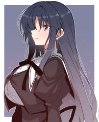 Rule 34 | 1girl, absurdres, arm at side, assault lily, black hair, black ribbon, black skirt, blue background, breasts, buttons, closed mouth, cropped jacket, expressionless, from side, gradient background, hair between eyes, high-waist skirt, highres, juliet sleeves, large breasts, long hair, long sleeves, looking away, neck ribbon, profile, puffy sleeves, purple background, purple eyes, ribbon, school uniform, shirai yuyu, shirt, sidelocks, skirt, solo, upper body, very long hair, white shirt, yunodon (sugar maple), yurigaoka girls academy school uniform