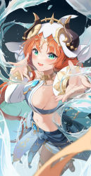 Rule 34 | 1girl, :d, absurdres, aqua eyes, atom mtoa, bare shoulders, blue gemstone, blue skirt, blush, bracer, breasts, brooch, commentary, dancer, detached sleeves, gem, genshin impact, gladiator sandals, harem outfit, highres, horns, jewelry, long sleeves, looking at viewer, medium breasts, navel, neck ring, nilou (genshin impact), open mouth, outstretched hand, puffy long sleeves, puffy sleeves, red hair, sandals, sideboob, sidelocks, skirt, smile, solo, stomach, thighlet, thighs, veil, water, white headwear