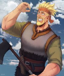 Rule 34 | 1boy, absurdres, aquiline nose, axe, beard, blonde hair, cowboy shot, daxratchet, facial hair, goatee, grin, headband, highres, holding, holding axe, looking ahead, male focus, mature male, muscular, muscular male, mustache, outdoors, red headband, redrawn, sanpaku, scar, short hair, sky, smile, solo, spiked hair, thick eyebrows, thorkell, viking, vinland saga, wrinkled skin