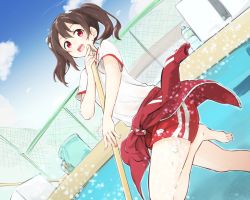 Rule 34 | 10s, 1girl, \m/, \||/, araco, barefoot, black hair, bottle, bucket, cleaning brush, clothes around waist, commentary request, dutch angle, fence, gym shorts, gym uniform, jacket, jacket around waist, love live!, love live! school idol festival, love live! school idol project, pool, red eyes, shorts, soap bottle, soap bubbles, solo, standing, standing on one leg, track jacket, twintails, water bottle, yazawa nico