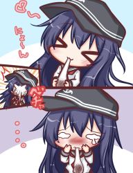 Rule 34 | &gt; &lt;, ..., 1girl, :3, ^^^, akatsuki (kancolle), anchor symbol, black hat, blush, closed eyes, closed mouth, comic, commentary request, eating, flat cap, food, hair between eyes, hat, holding, holding food, in the face, kantai collection, komakoma (magicaltale), long hair, long sleeves, mochi, neckerchief, purple hair, red neckerchief, school uniform, serafuku, shirt, teardrop, translation request, very long hair, wagashi, white shirt