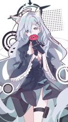 Rule 34 | 1girl, ahoge, animal ears, black choker, black dress, blue archive, breasts, choker, cleavage, cowboy shot, cross hair ornament, crying, dark halo, dress, earrings, extra ears, floating hair, flower, frilled sleeves, frills, grey hair, hair ornament, halo, hands up, highres, holding, holding flower, holster, jewelry, long hair, long sleeves, mismatched pupils, rco as, shiroko (blue archive), shiroko terror (blue archive), single earring, solo, streaming tears, tears, thigh holster, very long hair, white background, wide sleeves, wolf ears