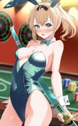 Rule 34 | 1girl, alternate costume, animal ears, bare shoulders, blonde hair, blush, bow, bowtie, breasts, casino, casino card table, covered navel, cowboy shot, dartboard, detached collar, fake animal ears, green bow, green bowtie, green eyes, green leotard, hair between eyes, highres, holding, holding sword, holding weapon, hololive, kazama iroha, leotard, looking at viewer, medium breasts, medium hair, mogmog megmog, playboy bunny, poker chip, ponytail, sheath, sheathed, solo, sword, table, virtual youtuber, weapon, wrist cuffs