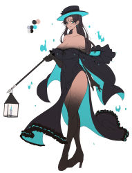Rule 34 | 1girl, absurdres, at2., black dress, black gloves, blue eyes, breasts, brown hair, candle, collarbone, commentary, covered navel, dark-skinned female, dark skin, dress, earrings, elbow gloves, english commentary, fire, frilled dress, frills, full body, gloves, hat, high heels, highres, holding, holding polearm, holding spear, holding weapon, jewelry, la serena de la noche (merryweather), lace, lace-trimmed dress, lace trim, lamp, large breasts, long hair, merryweather, open mouth, original, polearm, simple background, smile, solo, spear, standing, strap, weapon, white background