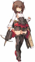 Rule 34 | 1girl, bike shorts, blush, boots, bow (weapon), brown eyes, brown hair, covered erect nipples, crossbow, flat chest, full body, headband, headgear, highres, kantai collection, karukan (monjya), long sleeves, looking at viewer, machinery, pleated skirt, revision, short hair, simple background, skirt, solo, taihou (kancolle), thighhighs, weapon, white background