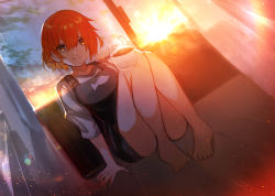 Rule 34 | 1girl, apron, arm support, bare legs, barefoot, black apron, breasts, closed mouth, commentary request, cup, curtains, hair between eyes, highres, holding, holding cup, indoors, medium breasts, orange eyes, orange hair, original, shirt, short hair, short sleeves, sitting, smile, solo, sunset, tarbo (exxxpiation), white shirt, window