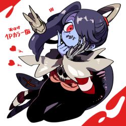 Rule 34 | 1girl, blue skin, colored skin, detached collar, detached sleeves, dress, ekubo (ciaobero), hair over one eye, leviathan (skullgirls), skull, skullgirls, socks, solo, squigly (skullgirls), stitched mouth, stitches, striped clothes, striped sleeves, striped socks, twintails, zombie