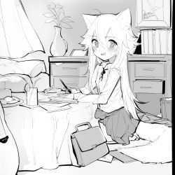 Rule 34 | 1girl, ahoge, animal ears, bag, bed, black hair, blush, commentary request, cookie, dated, ejami, ekko (ejami), food, fox ears, fox girl, fox tail, glass, greyscale, hair between eyes, holding, holding pen, indoors, long hair, long sleeves, looking at viewer, monochrome, on ground, original, pen, ribbon, shirt, signature, sitting, skirt, solo, tail, trash can