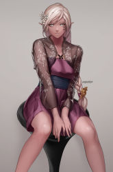 Rule 34 | 00s, 1girl, artist name, between legs, braid, dark-skinned female, dark skin, dress, dungeon and fighter, elf, eyeshadow, facial mark, facial tattoo, flower, grey background, grey eyes, hair flower, hair ornament, hand between legs, highres, korean clothes, legs, long hair, long sleeves, looking at viewer, makeup, md5 mismatch, monaim, parted lips, pointy ears, purple dress, rogue (dungeon and fighter), sash, see-through, short dress, silver hair, simple background, single braid, sitting, smile, solo, stool, strapless, strapless dress, swept bangs, tattoo, thief (dungeon and fighter), v arms