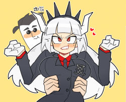 Rule 34 | 1boy, 1girl, :t, anger vein, angry, arms around waist, black hair, black suit, blush, clenched teeth, demon girl, demon horns, embarrassed, fang, formal, gloves, hands up, heart, heart in mouth, helltaker, helltaker (character), horns, hug, hug from behind, lucifer (helltaker), malmijal hyang, mole, mole under eye, open mouth, outline, red eyes, red shirt, shirt, short hair, signature, simple background, skin fang, steam, suit, sunglasses, teeth, white gloves, white hair, white horns, white outline, yellow background