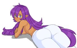 Rule 34 | 1girl, absurdres, ass, blue eyes, blush, breasts, darkerdawn, hair down, highres, hip focus, huge ass, long hair, looking at viewer, pajamas, pants, pointy ears, purple hair, shantae, shantae (series), solo, thick thighs, thighs, topless, very long hair, wide hips