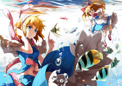 Rule 34 | 1girl, air bubble, alice margatroid, bad id, bad pixiv id, blonde hair, blue eyes, bow, bubble, capelet, doll, doll joints, emerane, fish, hair bow, hairband, joints, long hair, shanghai doll, short hair, skirt, smile, solo, touhou, underwater