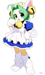 Rule 34 | 1girl, absurdres, ahoge, animal hat, apron, bell, blue dress, cat hat, copyright name, dejiko, di gi charat, dress, green eyes, green hair, hair bell, hair ornament, hat, highres, jingle bell, jiryu50610218, looking at viewer, mittens, open mouth, short hair, short sleeves, simple background, solo, standing, tail, white apron, white background, white hat, white mittens