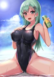 Rule 34 | 1girl, aqua eyes, aqua hair, black one-piece swimsuit, blush, breasts, can, cleavage, collarbone, competition swimsuit, covered erect nipples, covered navel, drink can, hair ornament, hairclip, hand on own chest, highres, kantai collection, kihou no gotoku dmc, large breasts, long hair, looking at viewer, one-piece swimsuit, open mouth, outdoors, partially submerged, sideboob, sitting, soda can, solo, spread legs, suzuya (kancolle), swimsuit