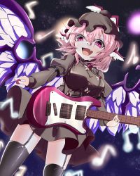 Rule 34 | 1girl, :d, alternate costume, animal ears, ashigaruk, bird ears, bird wings, black dress, black hat, black thighhighs, breasts, choujuu gigaku, dress, electric guitar, fang, garter straps, guitar, hat, highres, holding, holding instrument, instrument, large breasts, looking at viewer, mob cap, musical note, mystia lorelei, open mouth, pink eyes, pink hair, short hair, skin fang, smile, solo, standing, thighhighs, touhou, white wings, winged hat, wings