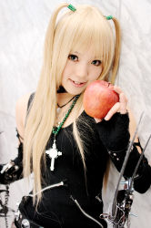 Rule 34 | 1girl, amane misa, apple, asian, belt, blonde hair, cosplay, cosplay photo, cross, cross necklace, death note, fingerless gloves, food, fruit, gloves, jewelry, kipi-san, looking at viewer, necklace, photo (medium), real life, solo, two side up