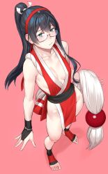 1girl black_hair blue_eyes breasts collarbone cosplay fatal_fury glasses highres japanese_clothes kantai_collection long_hair looking_at_viewer ooyodo_(kancolle) pelvic_curtain pink_background revealing_clothes semi-rimless_eyewear shiranui_mai shiranui_mai_(cosplay) simple_background small_breasts solo standing under-rim_eyewear yuuji_(and)