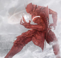 Rule 34 | 1boy, armor, chikashige, claws, crystal, full armor, gauntlets, greaves, grey sky, helm, helmet, holding, male focus, ningyou no kuni, outdoors, pauldrons, red armor, shoulder armor, sky, snow, snowing, solo, spine, vambraces