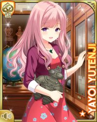 1girl, :d, breasts, cabinet, card (medium), character name, day, desk, dress, eyebrows visible through hair, girlfriend (kari), globe, hair ornament, indoors, jacket, jewelry, looking at viewer, medium breasts, medium hair, necklace, office, official art, open mouth, pink dress, pink hair, purple eyes, purple jacket, qp:flapper, school, smile, solo, tagme, teacher, walking, yutenji yayoi