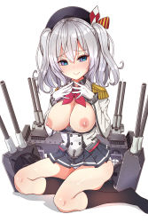 Rule 34 | 10s, 1girl, blue eyes, blush, breasts, breasts out, epaulettes, female focus, gloves, hat, highres, kantai collection, kashima (kancolle), large breasts, looking at viewer, military, military uniform, nipples, s sasaki 09140, silver hair, skirt, smile, solo, twintails, uniform, wavy hair