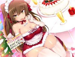 Rule 34 | 1girl, brown hair, christmas, christmas tree, doskoinpo, elbow gloves, femdom, gloves, maid, naughty face, tagme, thighhighs, translation request