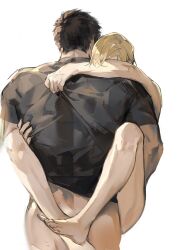 Rule 34 | 2boys, ass, back, bara, beard, bottomless, brown hair, carrying, carrying person, chris redfield, clothed male nude male, e (h798602056), facial hair, from behind, highres, large pectorals, leon s. kennedy, male focus, mature male, multiple boys, muscular, muscular male, nude, pectorals, resident evil, resident evil 4, resident evil 4 (remake), shirt tug, short hair, stubble, suspended congress, walking, yaoi