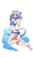 Rule 34 | 1girl, :3, absurdres, ahoge, animal ear fluff, animal ears, armpit crease, ass, barefoot, bikini, bikini under shorts, blue bikini, blue hair, blue shorts, blue tail, braid, cat ears, cat tail, commentary, commission, covered erect nipples, difman, ear piercing, english commentary, feet, fish, flat chest, from behind, gradient tail, hands up, highres, legs, looking at viewer, looking back, medium hair, midair, mouth hold, navel, original, piercing, purple eyes, purple tail, shadow, shorts, side-tie bikini bottom, soles, solo, swimsuit, tail, thighs, toes, torn clothes, torn shorts, v-shaped eyebrows