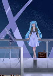 Rule 34 | 10s, 1girl, 2014, aqua eyes, aqua hair, artist name, checkered floor, dated, dongqing zaozigao, dress, floor, hatsune miku, highres, crossed legs, long hair, night, open mouth, railing, sandals, sky, solo, star (sky), starry sky, telescope, twintails, very long hair, vocaloid