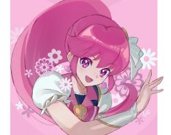 Rule 34 | 1girl, absurdres, aino megumi, border, brooch, cure lovely, flower, hair ornament, happinesscharge precure!, heart, heart brooch, heart hair ornament, highres, magical girl, open mouth, pink background, pink eyes, pink hair, ponytail, precure, puffy short sleeves, puffy sleeves, shipu (gassyumaron), shirt, short sleeves, signature, smile, solo, upper body, vest, white border, white shirt, wide ponytail