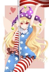 Rule 34 | 1girl, american flag, american flag dress, american flag legwear, american flag shirt, arano oki, arm up, between thighs, blonde hair, clownpiece, dress, fairy wings, flagpole, hat, heart, highres, jester cap, long hair, pantyhose, pole, pole dancing, print dress, print shirt, red eyes, shirt, simple background, smile, solo, striped clothes, striped pantyhose, stripper pole, touhou, very long hair, wings