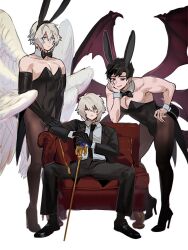 Rule 34 | 3boys, angel, animal ear hairband, animal ears, belial (granblue fantasy), black bow, black bowtie, black footwear, blue eyes, bow, bowtie, bright pupils, brown hair, bulge, chair, commentary, crossdressing, demon wings, elbow gloves, empty eyes, english commentary, expressionless, feathered wings, formal, full body, gloves, granblue fantasy, hair between eyes, high heels, highres, leaning forward, leotard, light frown, light smile, lucifer (shingeki no bahamut), lucilius (granblue fantasy), male focus, male playboy bunny, messy hair, multiple boys, necktie, on chair, playboy bunny, rabbit ear hairband, rabbit ears, red eyes, short hair, sitting, sketch, spread legs, staff, suit, toned, toned male, wahoosandalphon, white background, white hair, white pupils, white wings, wings, wrist cuffs, yaoi