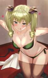 Rule 34 | 1girl, anchovy (girls und panzer), black necktie, black ribbon, black skirt, blush, bra, breasts, brown thighhighs, cleavage, collarbone, drill hair, girls und panzer, green bra, green eyes, green hair, hair ribbon, highres, large breasts, lingerie, long hair, mamaa (maeni6379), naughty face, necktie, panties, pleated skirt, ribbon, side-tie panties, skirt, solo, sweat, thighhighs, twin drills, twintails, underwear, underwear only, very long hair, wide hips