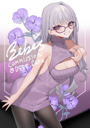 Rule 34 | 1girl, absurdres, bare shoulders, bebe (bebe pp), black pantyhose, breasts, cleavage, cleavage cutout, clothing cutout, commission, earrings, flower, glasses, grey hair, highres, indie virtual youtuber, jewelry, long hair, medium breasts, mole, mole under eye, necklace, open mouth, pantyhose, purple-framed eyewear, purple eyes, purple flower, purple nails, ribbed sweater, signature, skeb commission, sleeveless, sleeveless sweater, solo, sweater, turtleneck, turtleneck sweater, twitter username, virtual youtuber, yomi tsumugiha