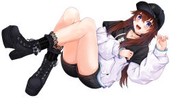 Rule 34 | 1girl, :d, baseball cap, black choker, black footwear, black hat, black hoodie, black shorts, blue eyes, blush, bobby socks, boots, brown hair, choker, commentary, cross-laced footwear, dutch angle, english commentary, fuwanian, hair flaps, hat, high heel boots, high heels, highres, hololive, hood, hood down, hoodie, jewelry, lace-up boots, lace socks, long hair, long sleeves, looking at viewer, necklace, o-ring, o-ring choker, official alternate hairstyle, open mouth, platform boots, platform footwear, platform heels, short shorts, shorts, simple background, smile, socks, solo, star (symbol), star necklace, tokino sora, tokino sora (streetwear), two-tone hoodie, variant set, virtual youtuber, white background, white hoodie