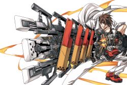 Rule 34 | 1boy, ahoge, brown hair, cannon, dong hole, fire, floating clothes, grin, guilty gear, guilty gear strive, gun, highres, holding, holding cannon, holding gun, holding weapon, lab coat, male focus, muscular, muscular male, red eyes, shoes, simple background, smile, sol badguy, solo, spiked hair, weapon, white background