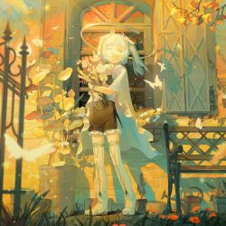 Rule 34 | 1girl, artist name, bench, black shorts, blue hair, blurry, blurry foreground, boots, bouquet, bug, butterfly, cape, closed eyes, evening, facing viewer, flower, frilled shorts, frills, gloves, grass, grin, halo, highres, holding, holding bouquet, house, insect, kumomachi, leaf, light blue hair, light particles, mechanical halo, medium hair, orange theme, original, plant, short twintails, shorts, side slit, smile, solo, stained glass, swept bangs, thigh boots, tree, twintails, watering can, white cape, white footwear, white gloves, window, window shutter